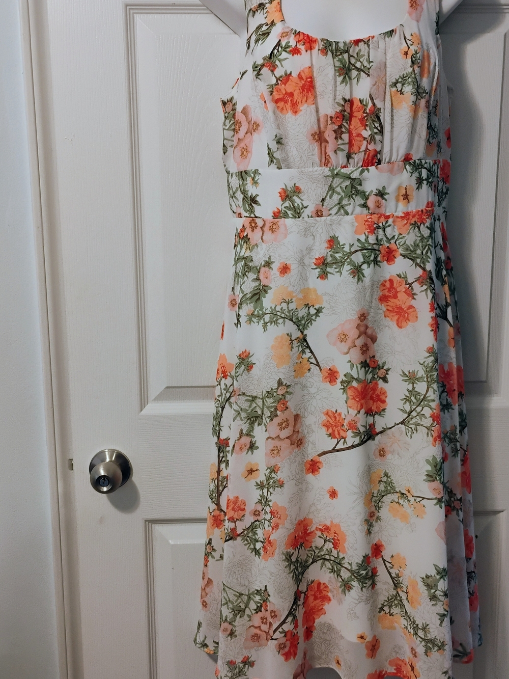 White Maxi Dress with Coral Floral Print and Green Accents